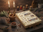 Herbalist's workspace with herbs, bottles, and a book on a wooden table.