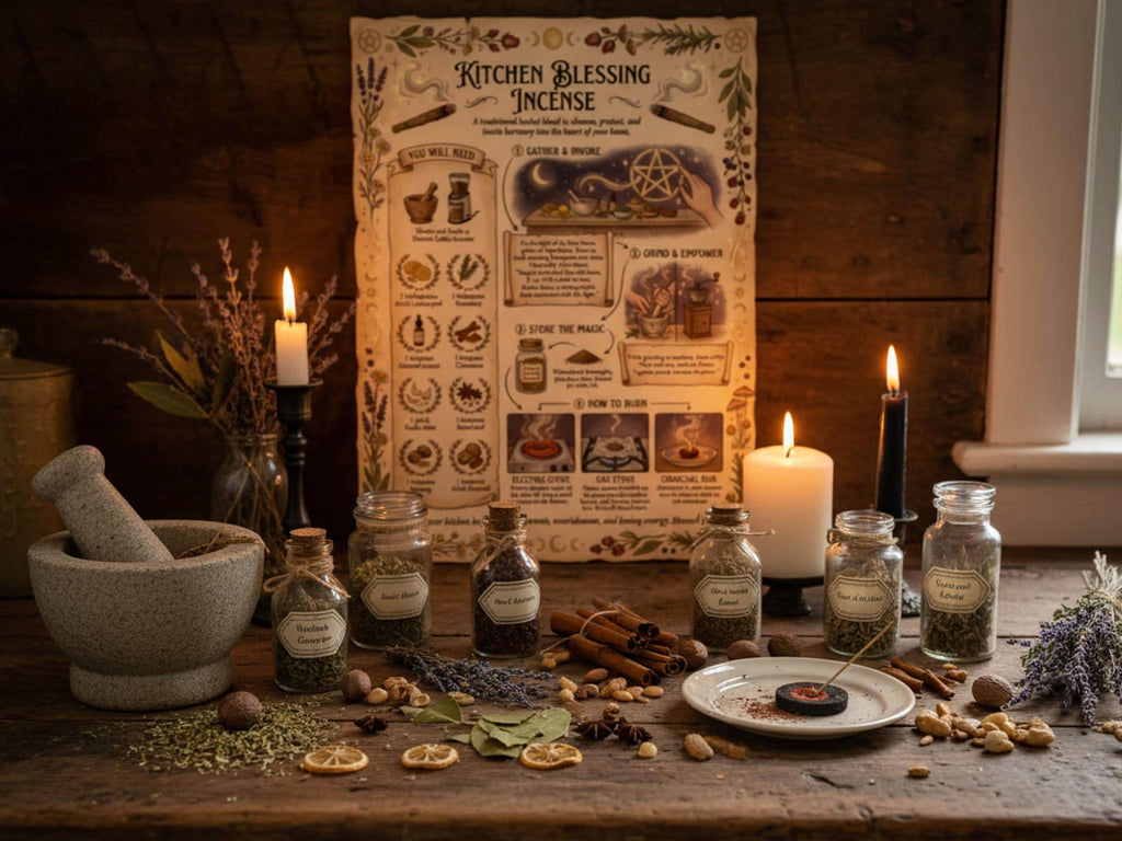 Kitchen Blessing incense parchment page on a witch's altar