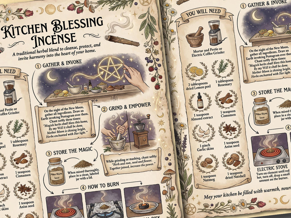 Instructions for making a 'Kitchen Blessing Incense' with illustrations and text.