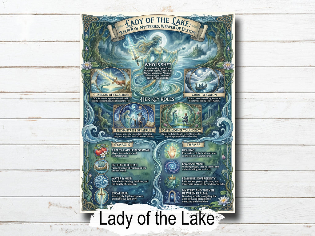 Framed artwork titled 'Lady of the Lake' on a wooden surface