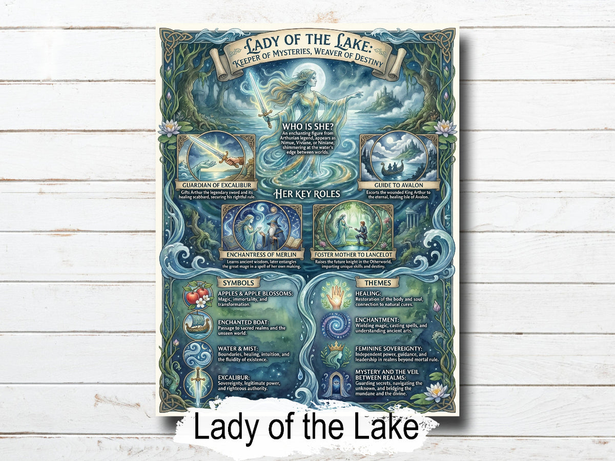 Framed artwork titled 'Lady of the Lake' on a wooden surface