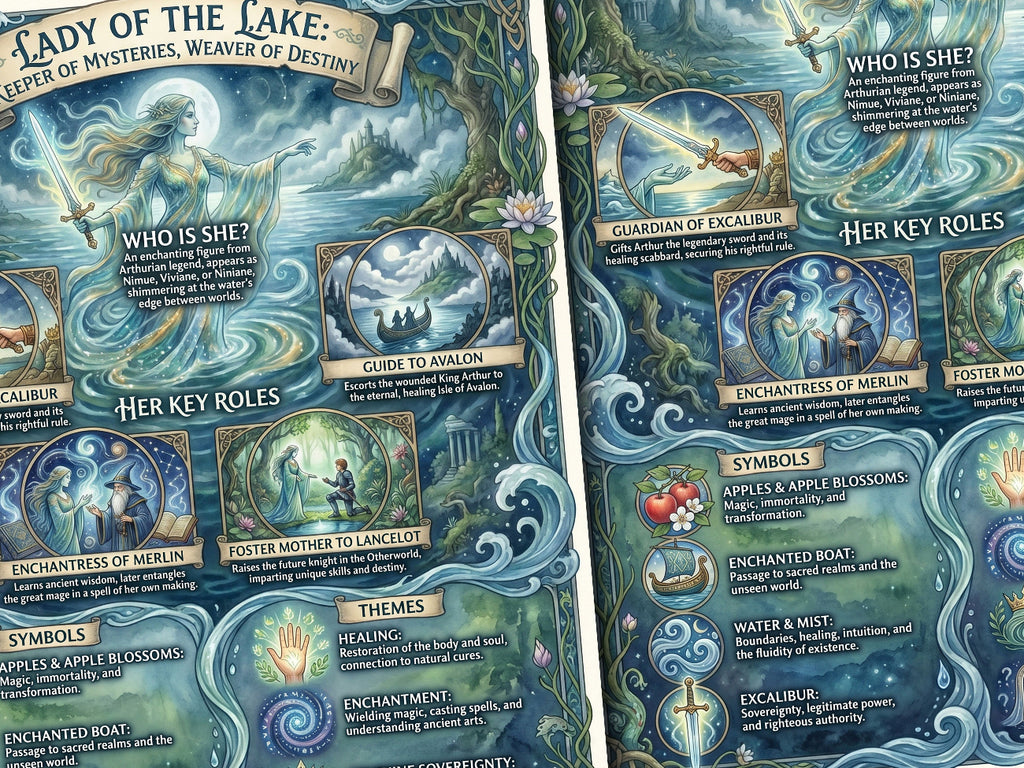 Fantasy-themed closeup with characters and elements from Lady of the Lake, featuring a blue and green color scheme.