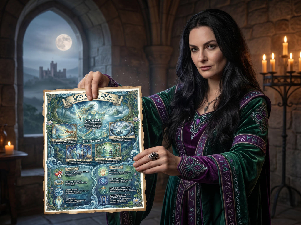 Woman in a medieval outfit holding a magical parchment about The Lady of the Lake, in a stone room with candles.