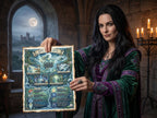 Woman in a medieval outfit holding a magical parchment about The Lady of the Lake, in a stone room with candles.