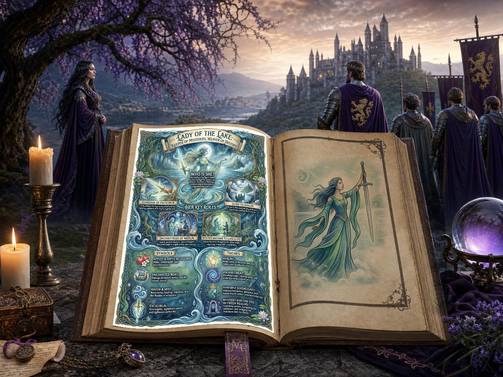 Open book with magical illustrations in a fantasy setting with people and a castle.