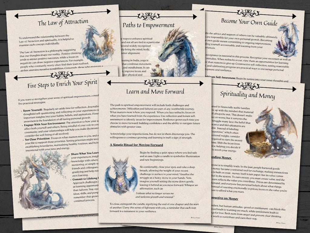 Set of educational pages on the Law of Attraction, with dragon illustrations and text on a wooden surface
