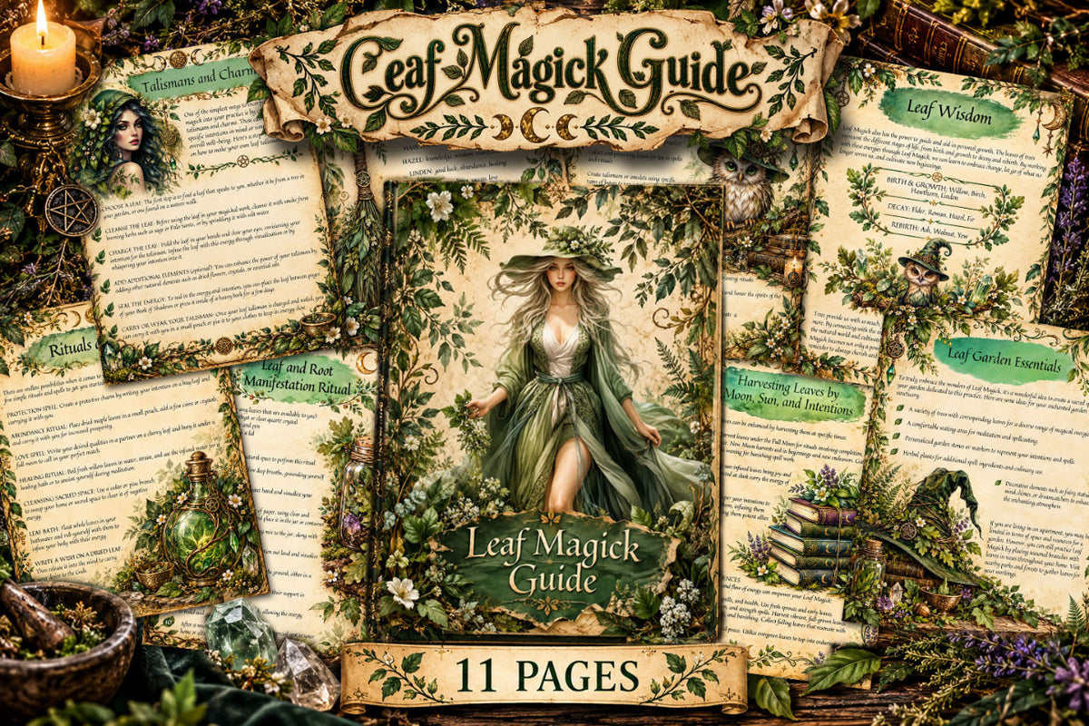 Leaf Magick Guide with a woodland witch cover and sample pages on leaf rituals, wisdom, harvesting and magical gardening.