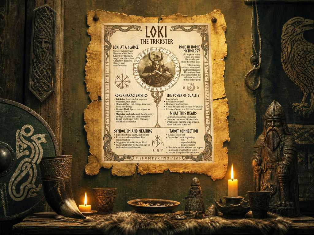 Vintage-style poster of Loki the Trickster in a mystical setting with candles and Norse-themed decor.