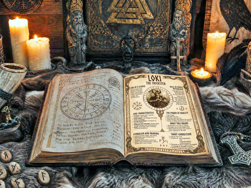 Open book of shadows with mystical symbols and text about Loki the trickster god, on a table with candles and figurines.