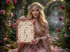 Woman in a fairy-tale setting holding a 'Love Potions' parchment page in a beautiful rose garden.