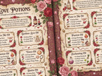 Closeup view of Love Potions page with pretty floral graphics, individual recipes, roses and potion bottles on a torn parchment page.