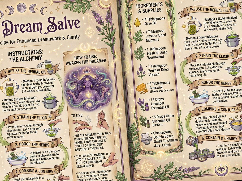 Instructions for making a 'Dream Salve' with herbal ingredients and steps. 