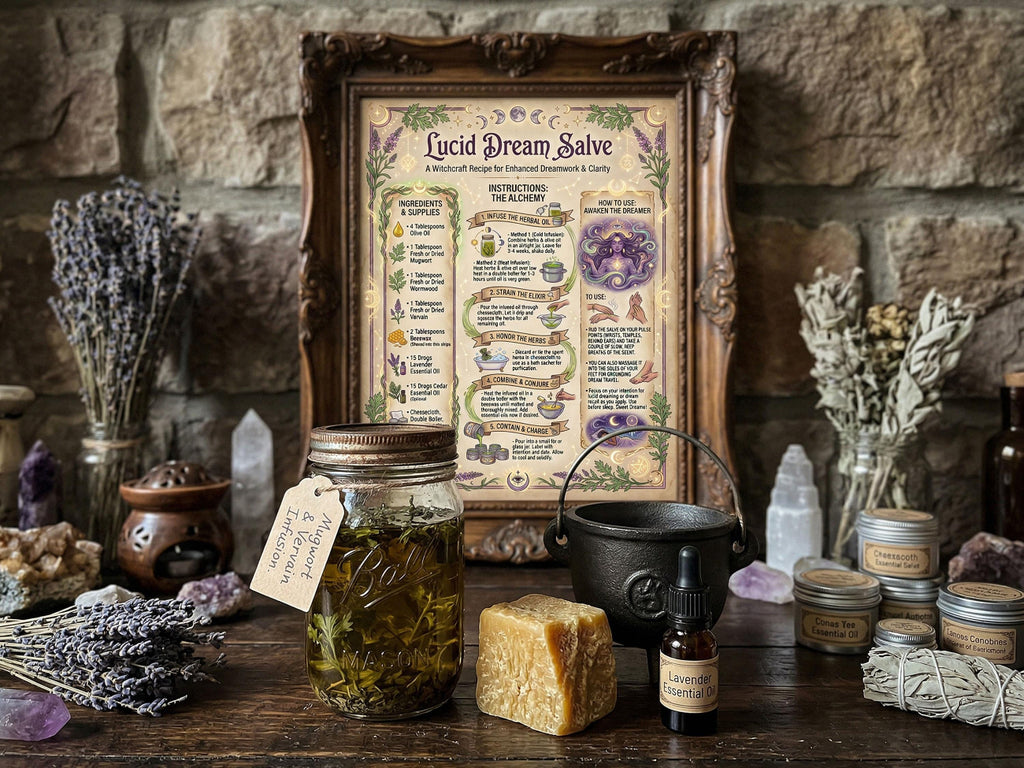 Herbal remedies and a framed document titled 'Lucid Dream Salve' on a stone wall background.