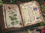 Open book with herbal illustration and text on a wooden surface