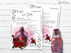 Two prints featuring a 'Lust Bottle' recipe, pages designed with roses and text on a wooden surface.