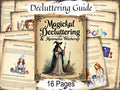 Magickal Decluttering & Minimalist Witchcraft guide with illustrations of a witch and text on a textured background.