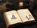 An open vintage-style book with illustrated pages on minimalist witchcraft, lies on a dark surface, surrounded by a lit candle, dried grass, and floral props. 