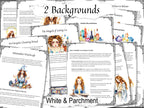 A collage of printed pages titled '2 Backgrounds' with decorative borders, text sections, and watercolor-style illustrations of a woman in a blue dress. 