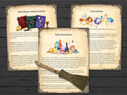 A set of decorative printed pages and a small besom, laid out on a dark wood background. The pages feature ornate borders and illustrations of colorful books, crystals, and candles, with printed text sections titled 'Book of Shadows Grimstones & Journals,' 'Candles, Oils & Potions,' and 'Crystals and Stones.