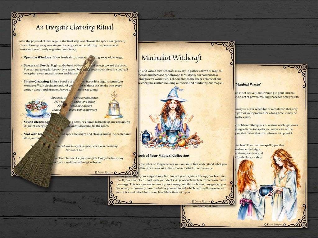A set of three decorative printed pages for a cleansing-themed ritual, laid out on a dark wood surface. The pages have an aged parchment look with ornate borders and text about 'An Energetic Cleansing Ritual,' 'Minimalist Witchcraft,' and 'Magical Waste,' with small illustrations and a small witch illustration.