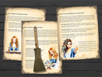 Three ecorative pages  with illustrated cover pages showing a woman and mystical text, plus a small hanging tassel ornament, photographed on a dark wood surface.