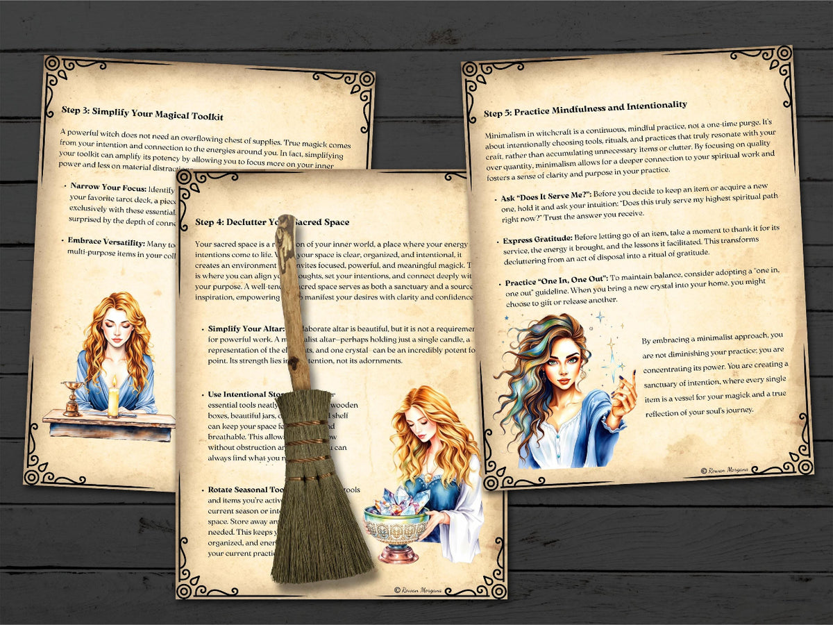Three ecorative pages  with illustrated cover pages showing a woman and mystical text, plus a small hanging tassel ornament, photographed on a dark wood surface.