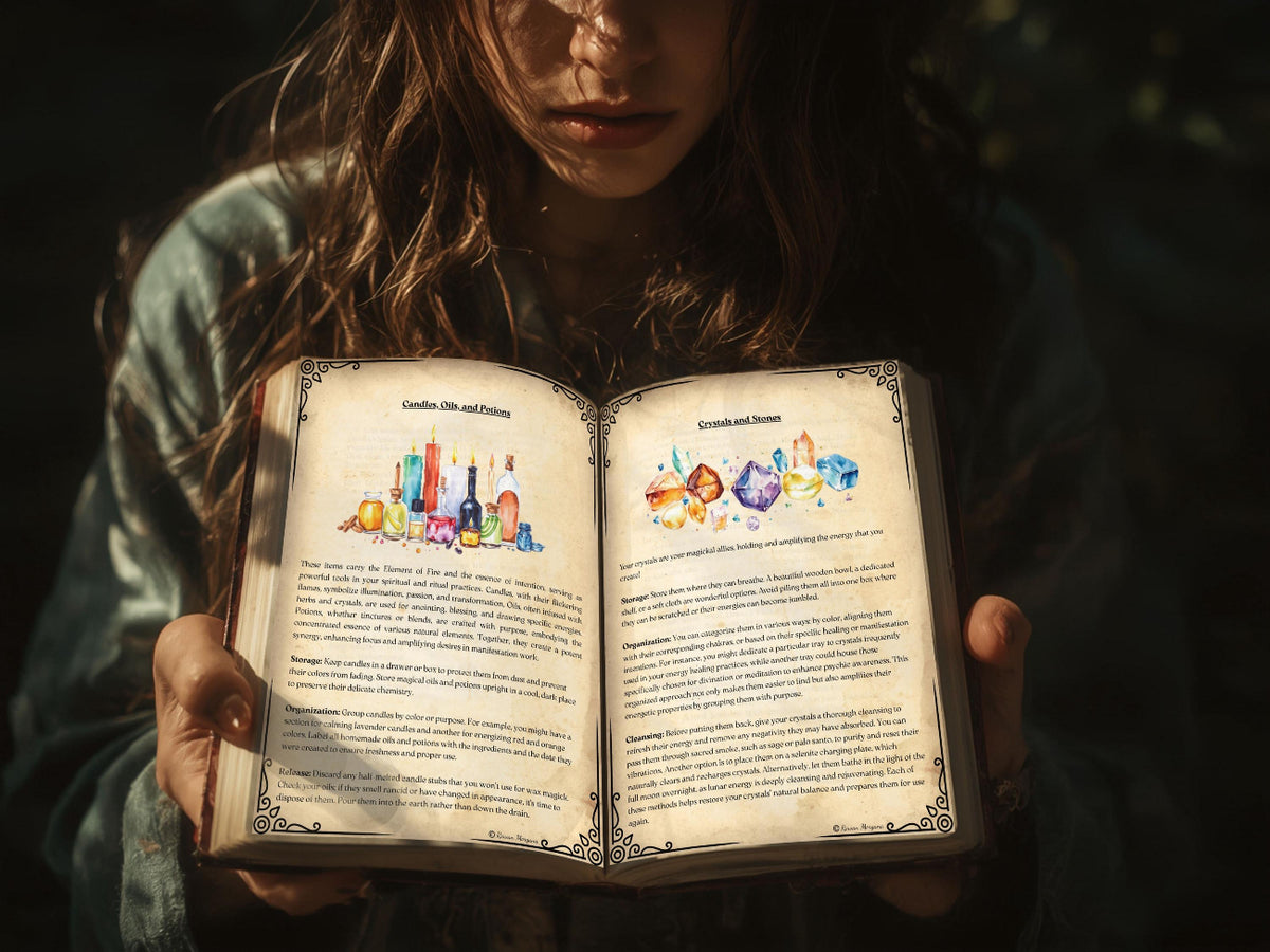 A person holding an open vintage-style book with illustrated pages under warm, dramatic sunlight against a dark, blurred background.