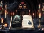 Open book titled 'Magickal Manifestation' in a gothic setting with candles and stained glass windows.