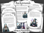 Magical-themed pages with illustrations of a woman and a crystal ball on a white and parchment background.
