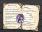 Magical spellbook pages with a purple crystal on a wooden surface