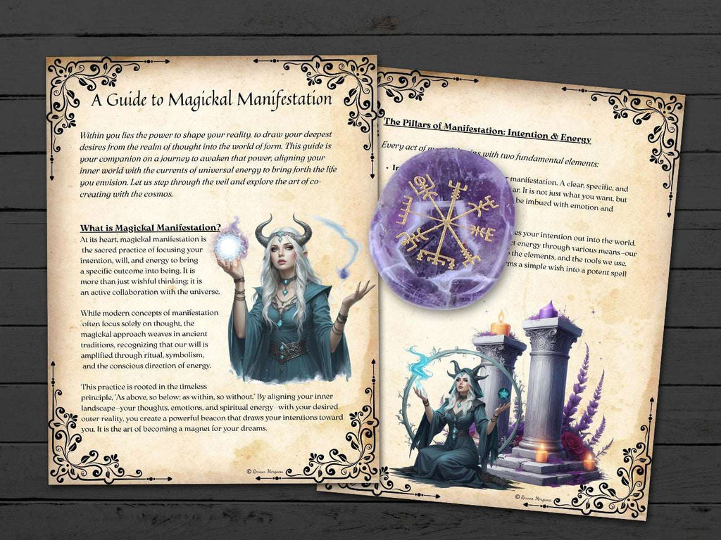 Magical-themed book open to pages about magical manifestation with illustrations and text.