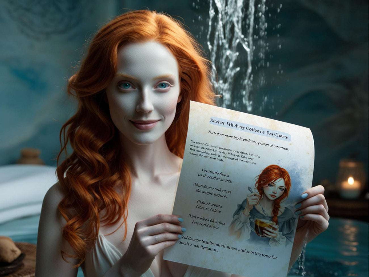 Woman with red hair holding a page from Magickal Self Care, in a mystical setting with water and candles.