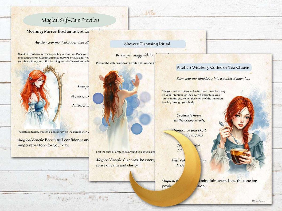 Three parchment  pages of rituals, charms and enchantments, with illustrations of a woman and text on a wooden surface.