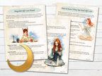 Three pages of a self-care ritual with illustrations of a woman and text on a wooden surface.