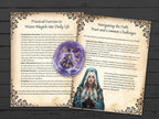 Magical practice guide on Manifestation Challenges with a purple crystal and character illustration on a wooden background