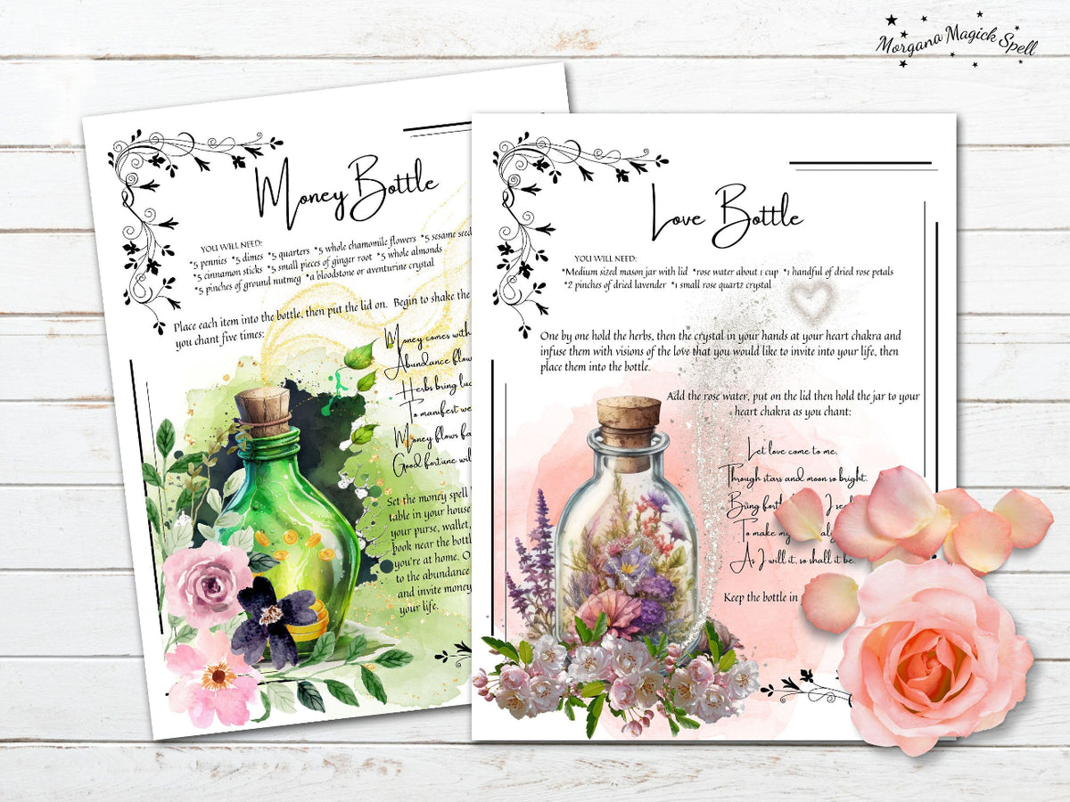 Two pages from a grimore featuring illustrations of bottles with flowers and text on a wooden surface.