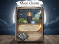 Moon Charm book with celestial elements on a wooden surface and night sky background