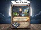 Moon Charm book with celestial elements on a wooden surface and night sky background