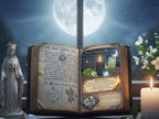 Open book with magical symbols, a statue, and candle under a moonlit sky