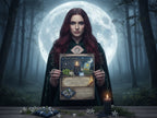 Woman in a forest holding a 'Moon Charm' page with a full moon in the background