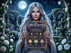 A beautiful Moon Goddess in a moonlit garden holds a parchment page titled Moon Oil recipes.
