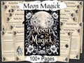 Pages titled 'Moon Magick' with decorative cover and multiple pages displayed on a dark background.