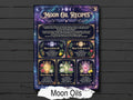Moon Oil Recipes: Witch Infographic, Printable Magic Potions, one page on a dark wooden background
