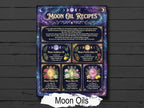 Moon Oil Recipes: Witch Infographic, Printable Magic Potions, one page on a dark wooden background