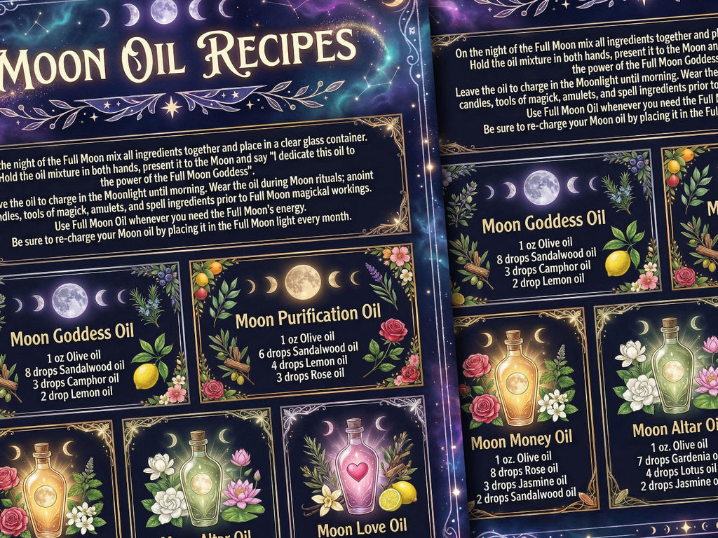 Moon Oil Recipes close up view of graphics and text.