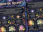 Moon Oil Recipes close up view of graphics and text.