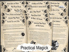 Collection of moon practical magick pages with black text and decorative elements on a parchment  background.