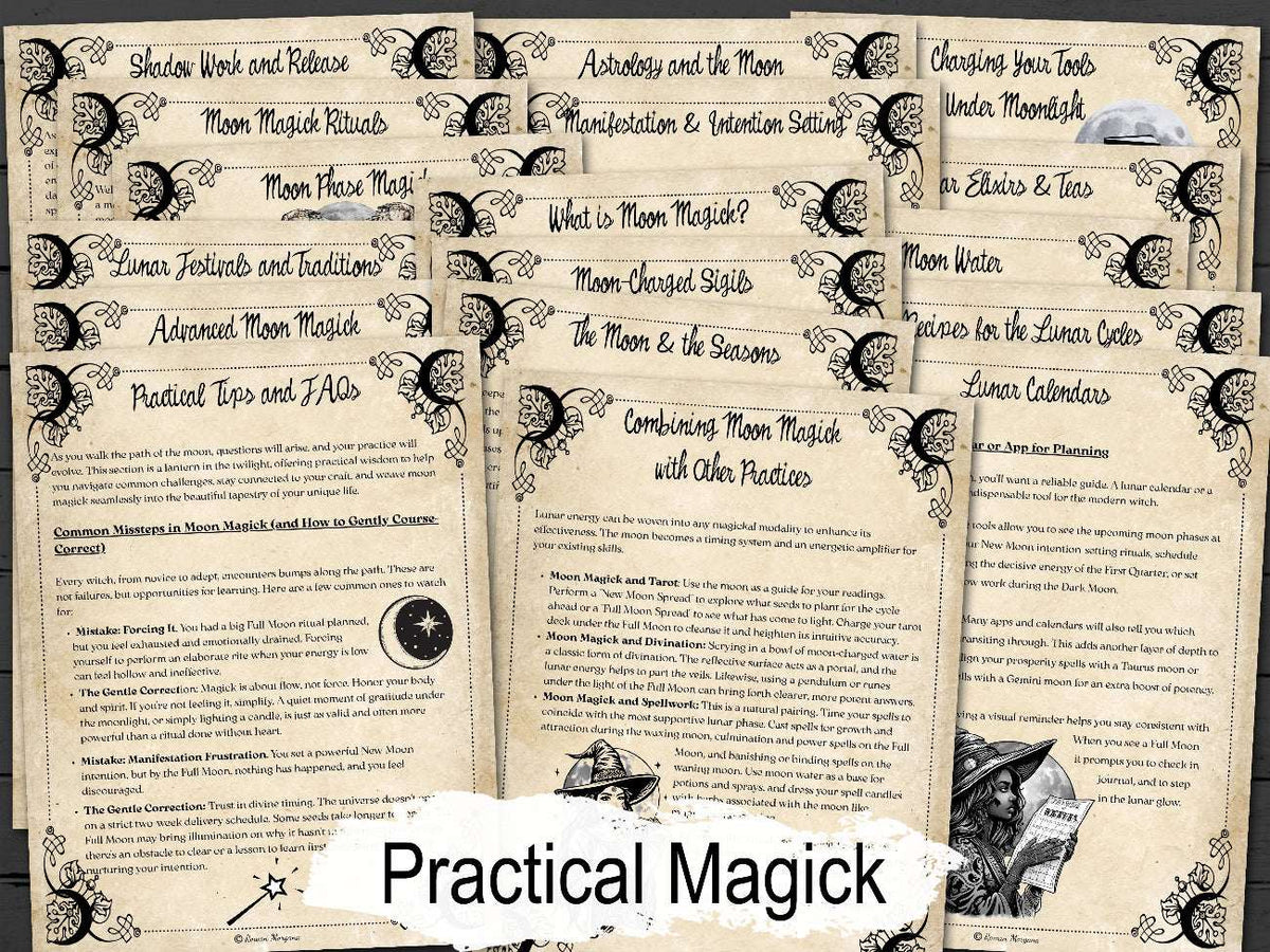 Collection of moon practical magick pages with black text and decorative elements on a parchment  background.