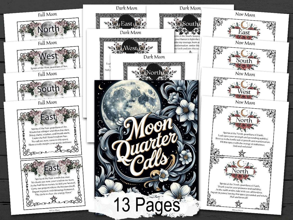 Moon Quarter Calls pages with 13 pages of cards on a wooden surface