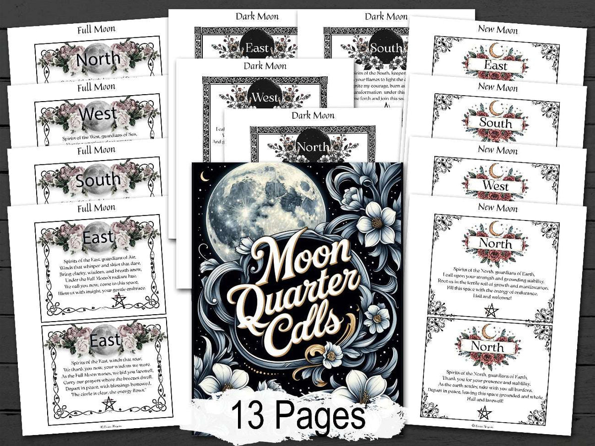 Moon Quarter Calls pages with 13 pages of cards on a wooden surface